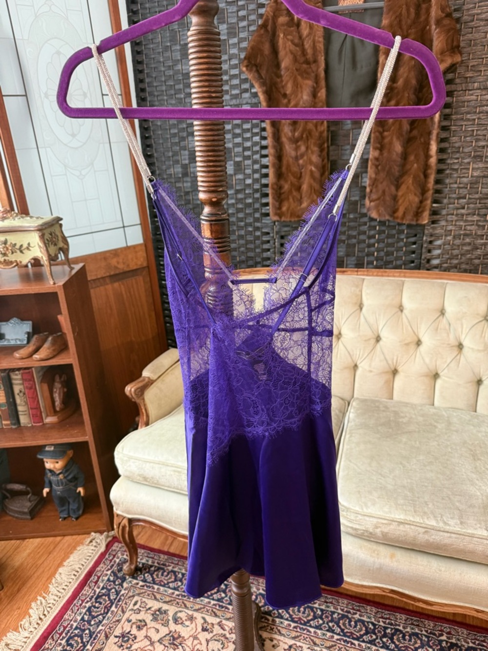 💜 Victoria’s Secret Purple Lace Satin Chemise Slip Dress Gem Straps XS - Picture 3 of 7